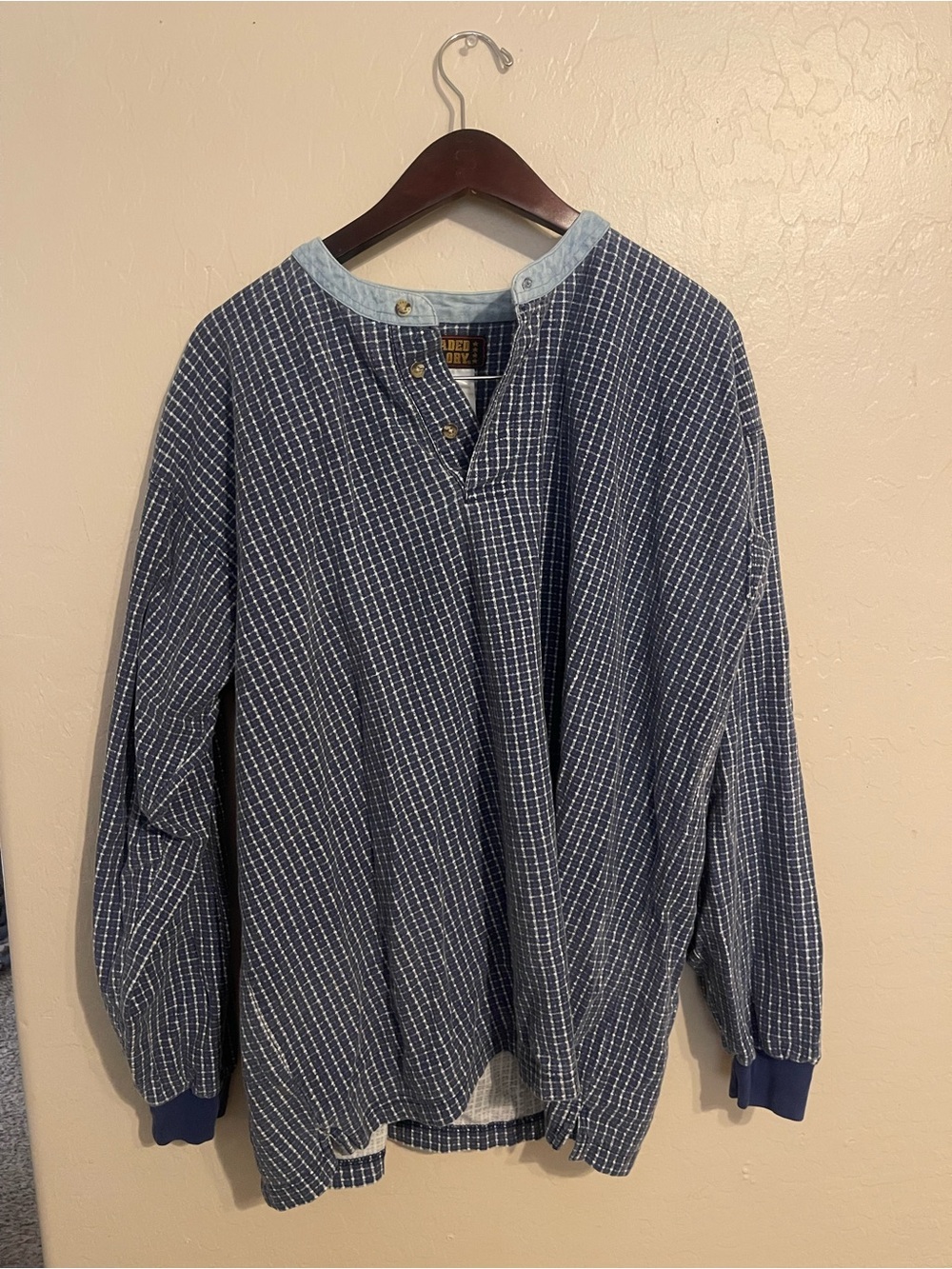 Vintage Blue Checked Long-Sleeve Henley Sweater